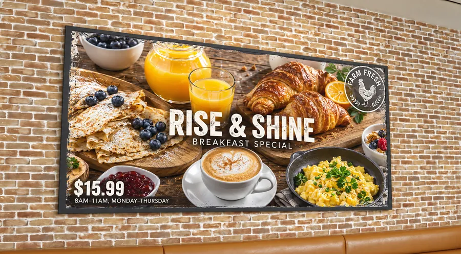 Framed breakfast special poster on a restaurant brick wall
