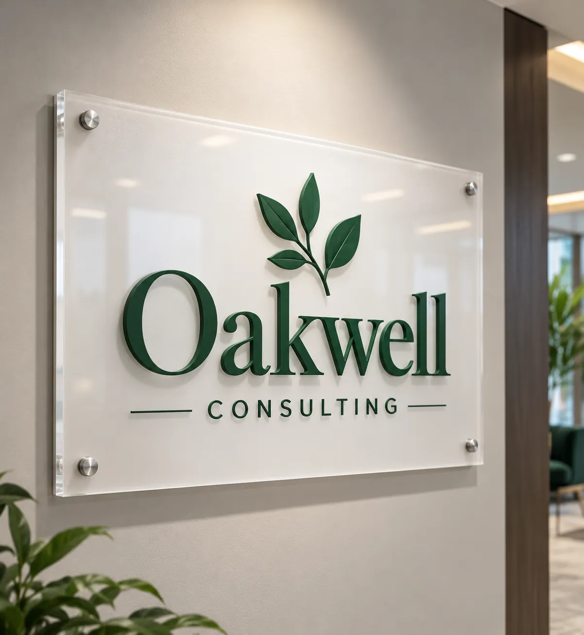 Frosted acrylic office sign with green lettering mounted on standoffs