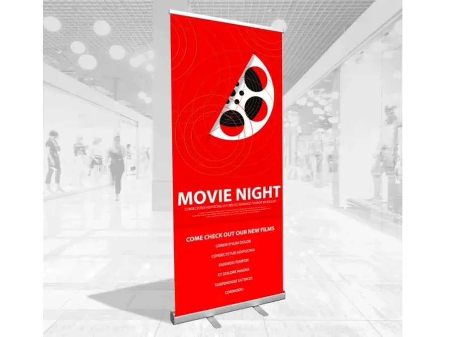 Retractable banner stand in a mall