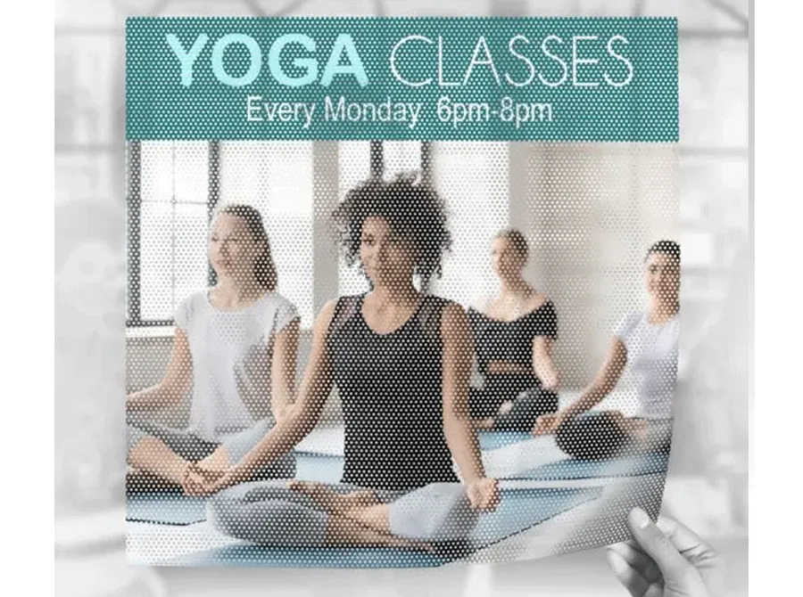 Storefront window graphic advertising yoga classes
