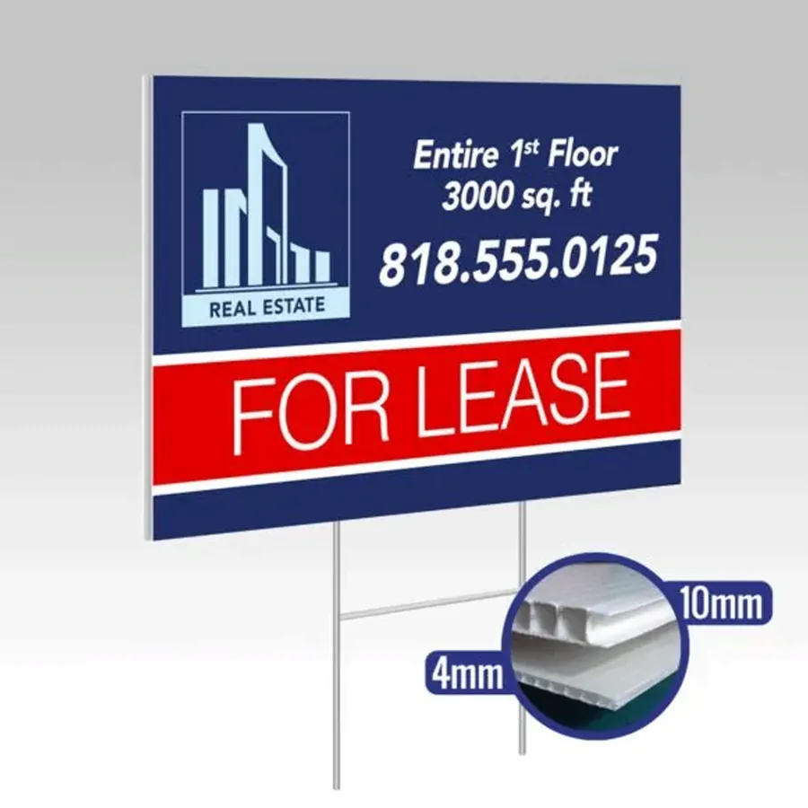 For-lease yard sign showing 4mm and 10mm coroplast thickness